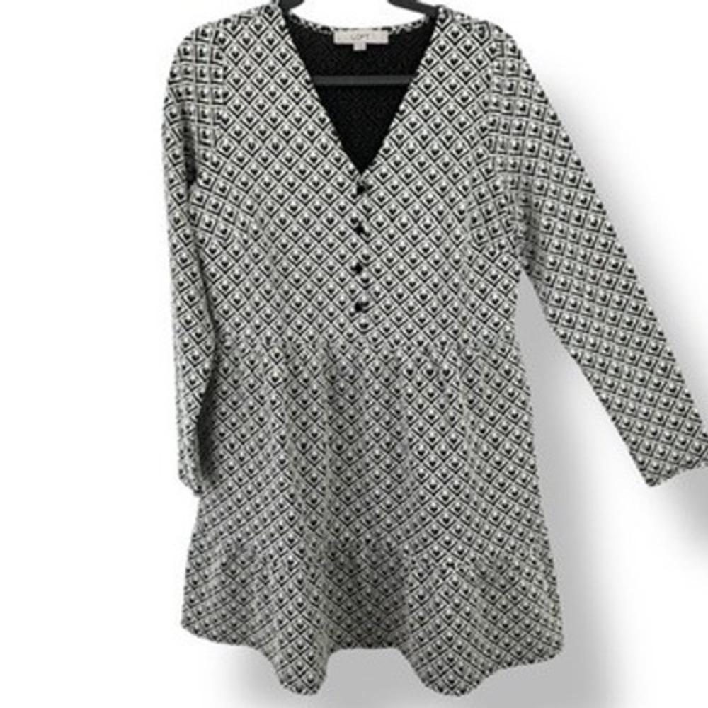 LOFT Black White Womens Small Geometric Print Long Sleeve Tiered Ruffle Dress